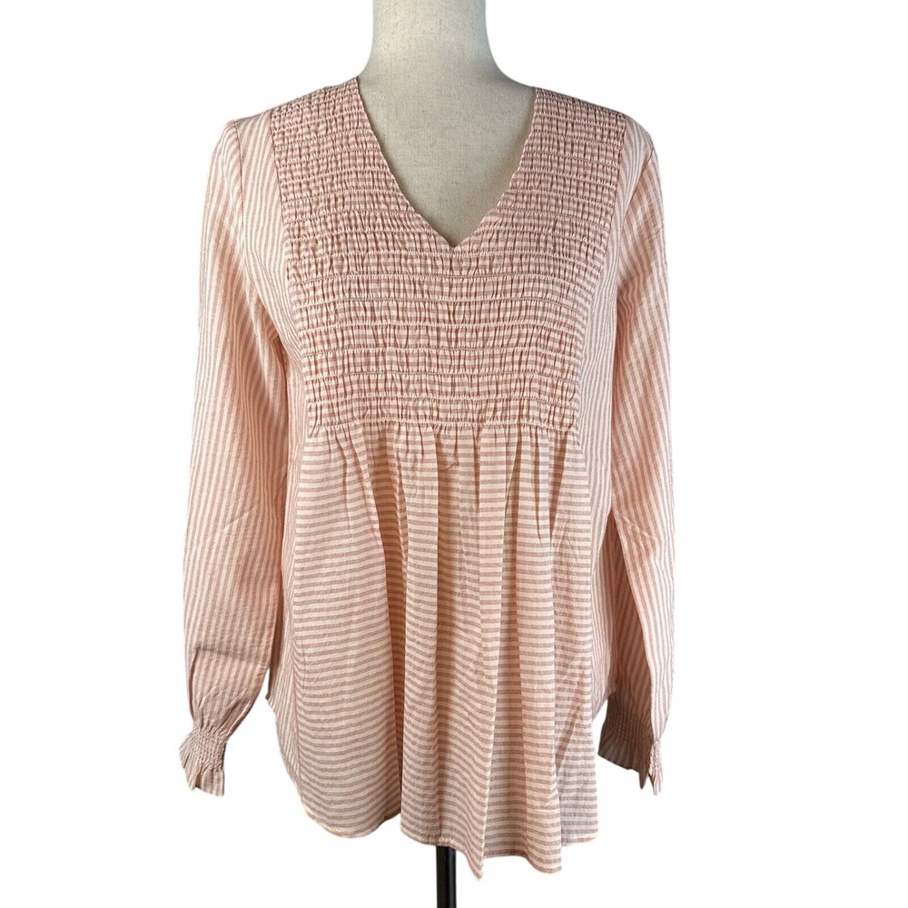 Sundance‎ Womens Smocked V-Neck Julia Top Size S Pink Striped Cotton Long Sleeve